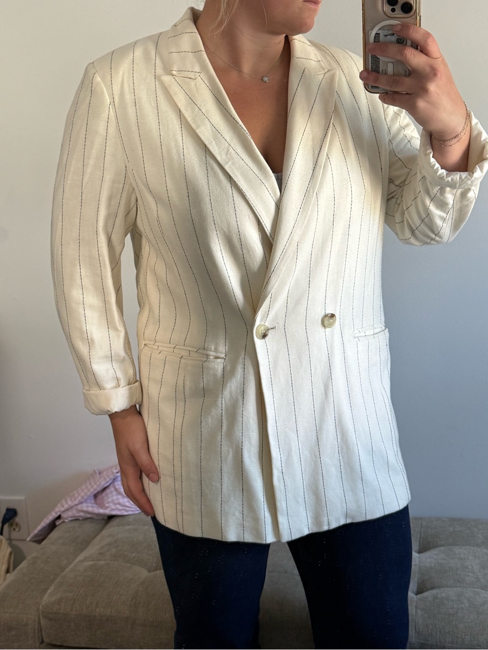 Cream Pinstripe Double-Breasted Blazer